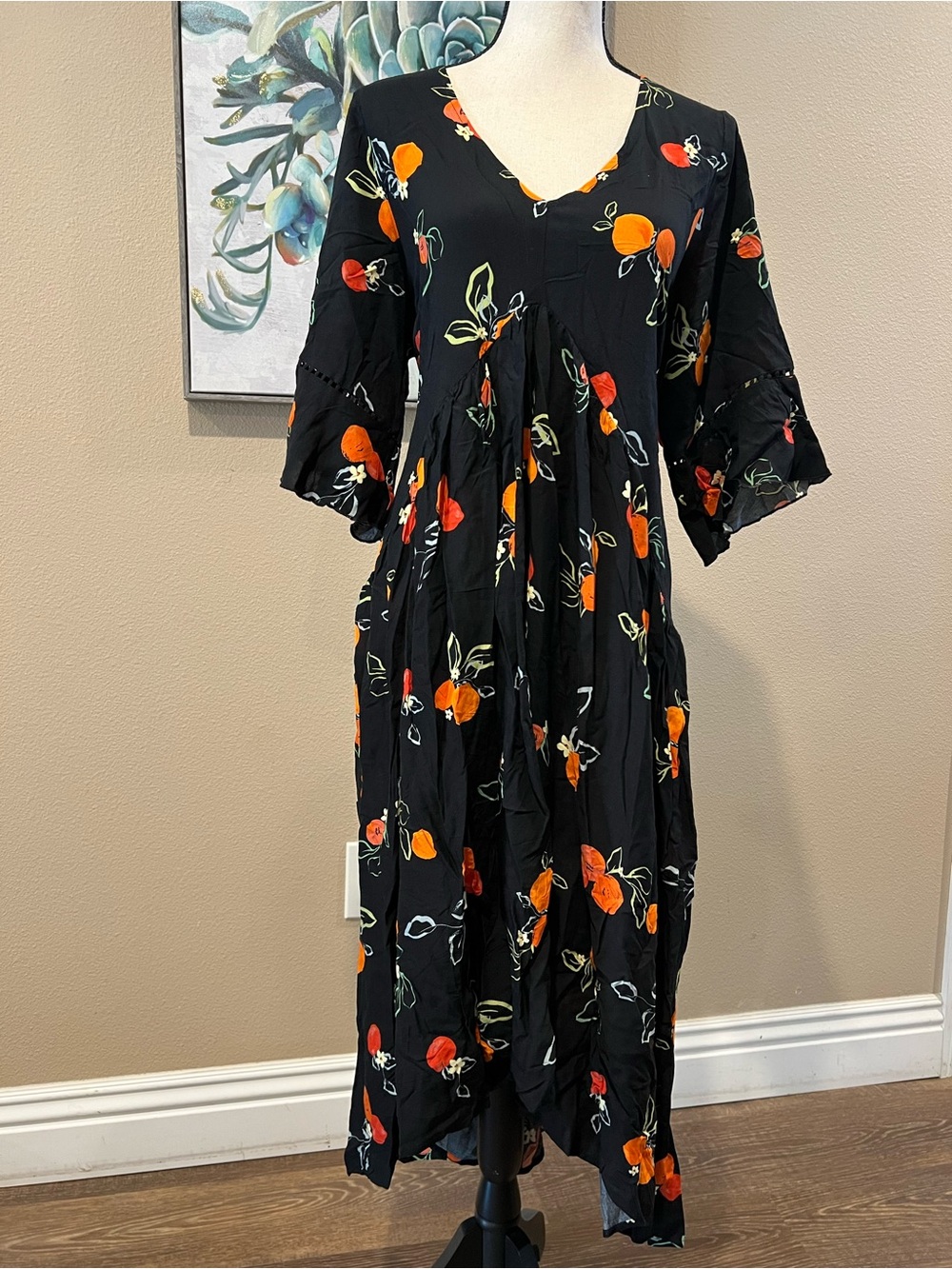 loralette Black Midi Dress with Orange and Red Floral Print